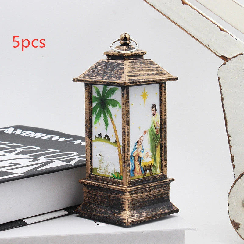 Festive LED Christmas lanterns with Santa Claus, snowman, and other holiday-themed designs