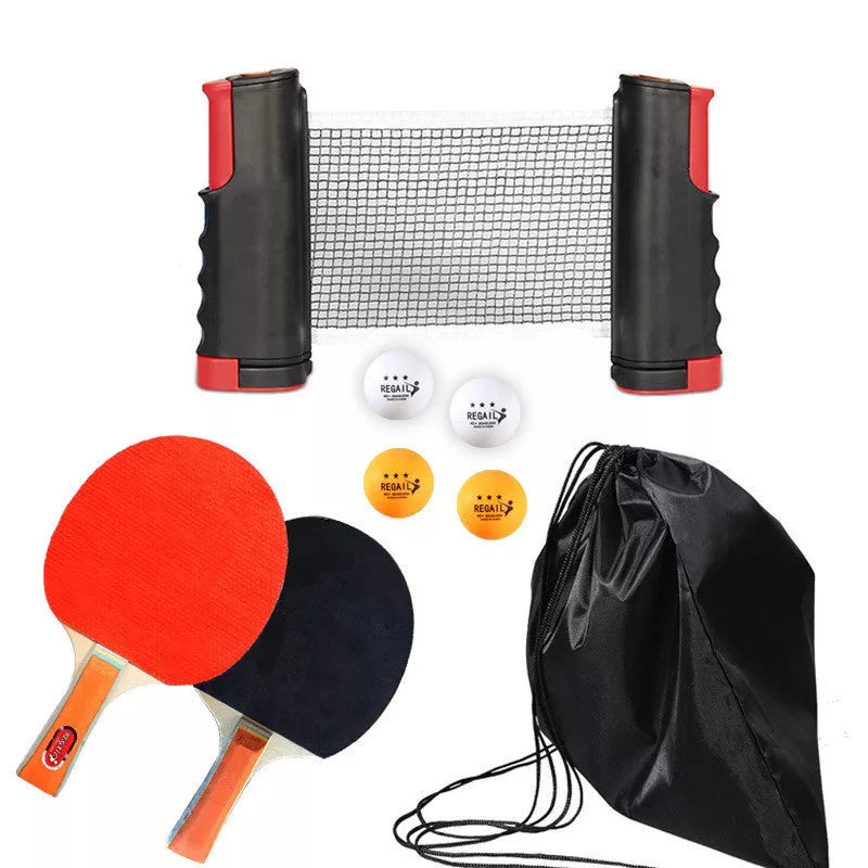 Retractable and portable table tennis racket set with anti-adhesive rubber, includes rackets, balls, net, and bag