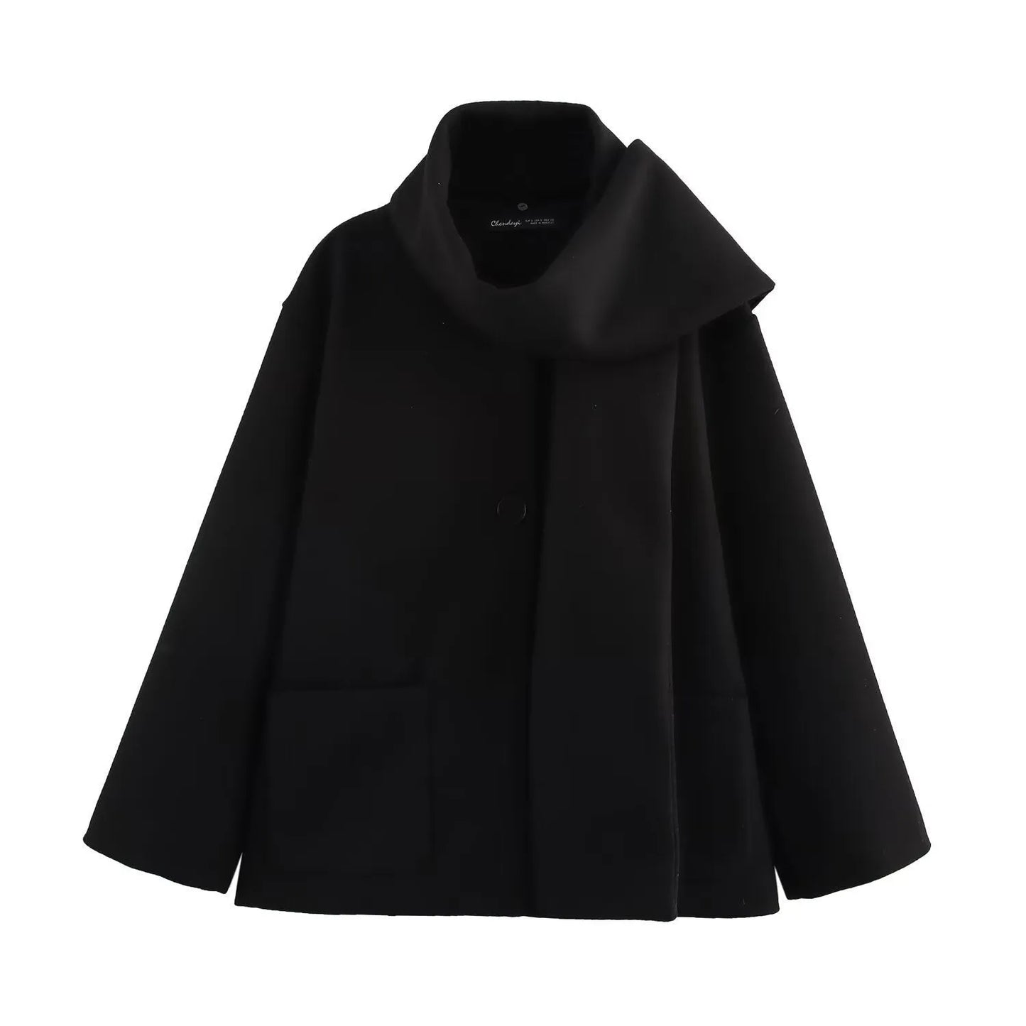 Women's black polyester scarf overcoat with artificial fur collar, lengthened 100cm design, and pockets for street fashion