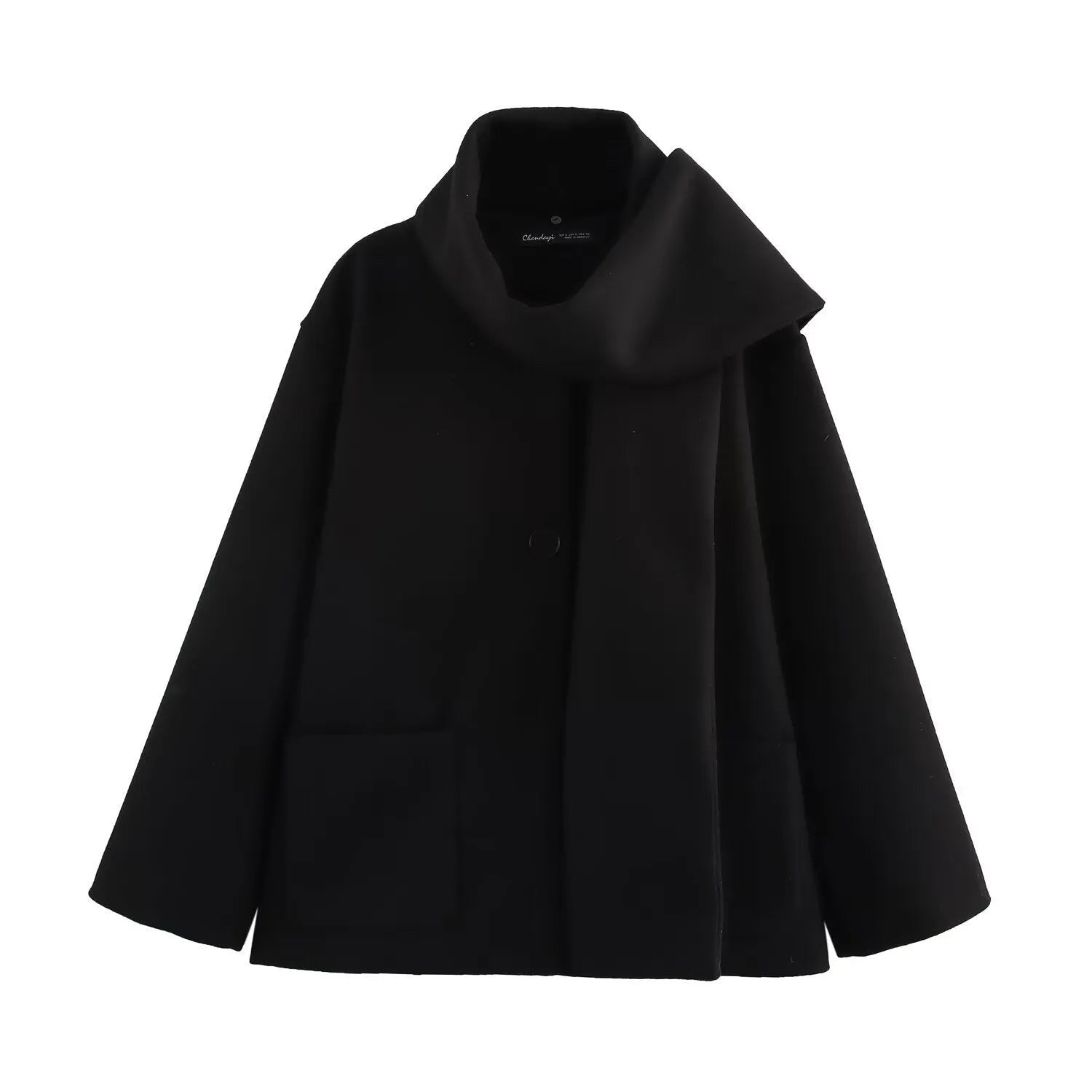 Women's black polyester scarf overcoat with artificial fur collar, lengthened 100cm design, and pockets for street fashion