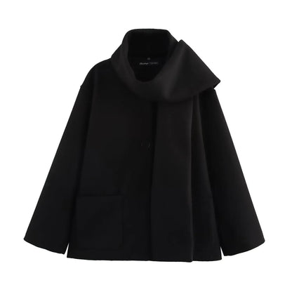 Women's black polyester scarf overcoat with artificial fur collar, lengthened 100cm design, and pockets for street fashion