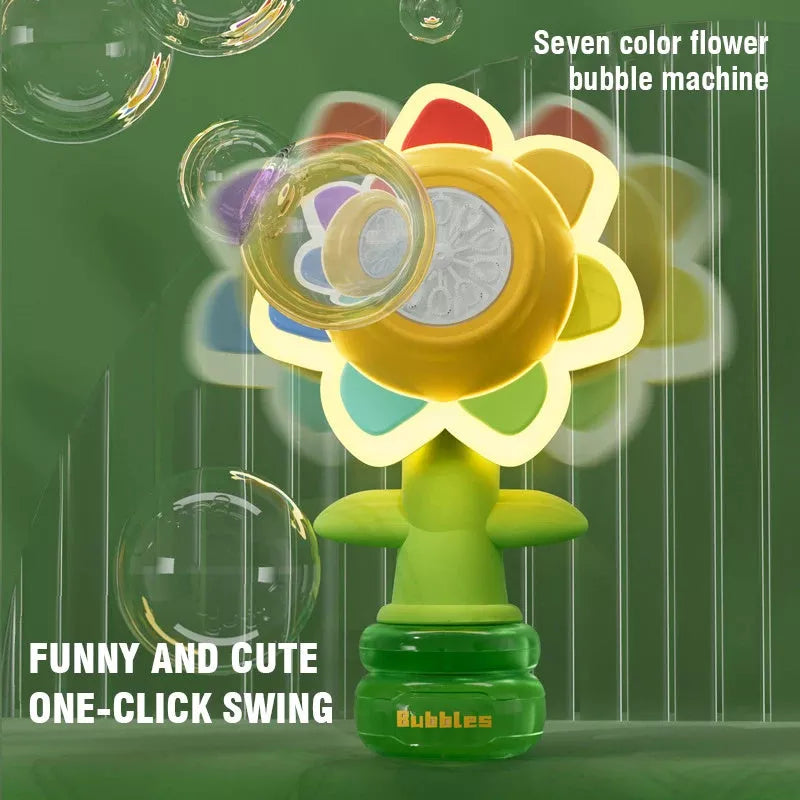 Dancing Sunflower Bubble Machine with light creating colorful bubbles outdoors