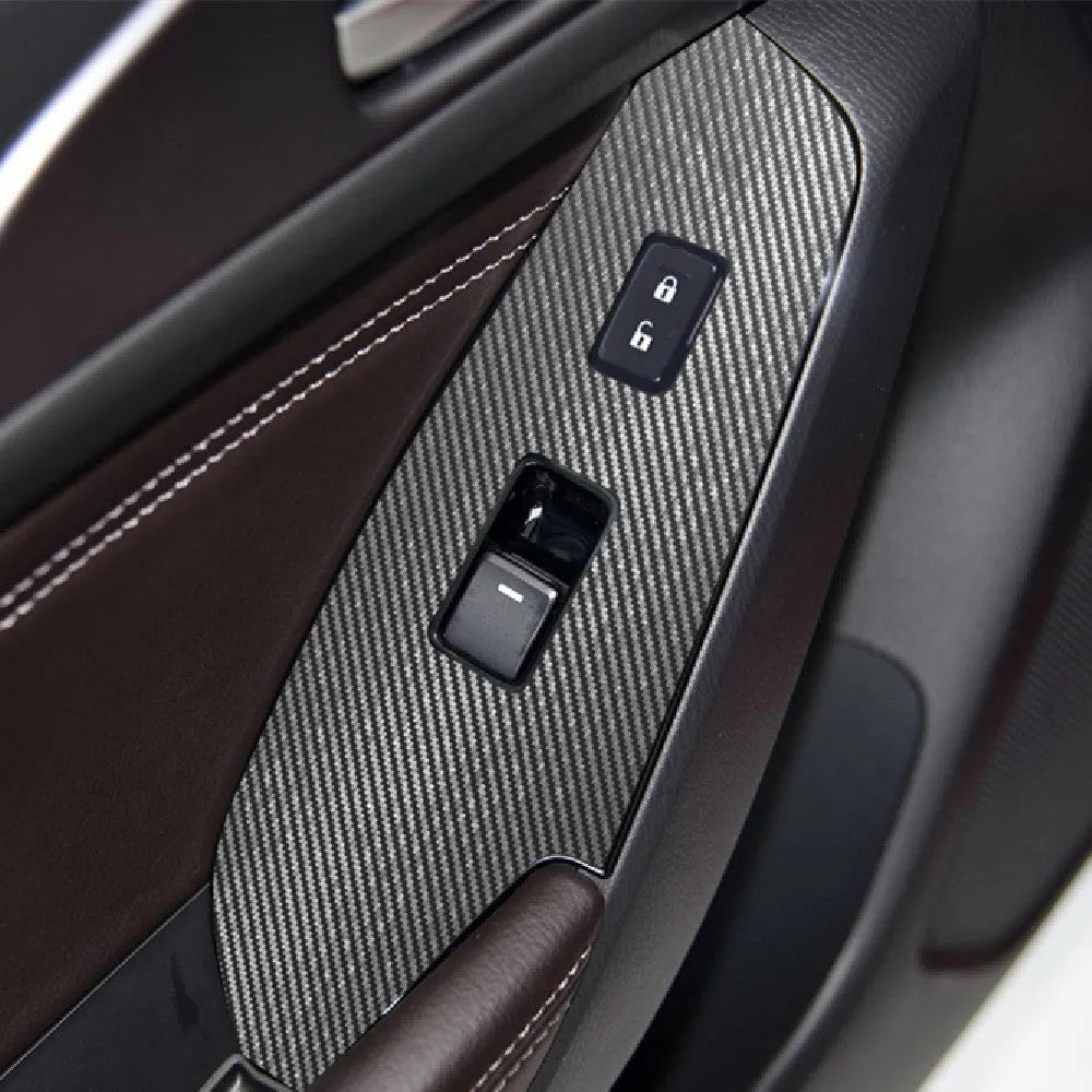 TPU protective film set for car door control panels in transparent, carbon fibre black, and matte black finishes