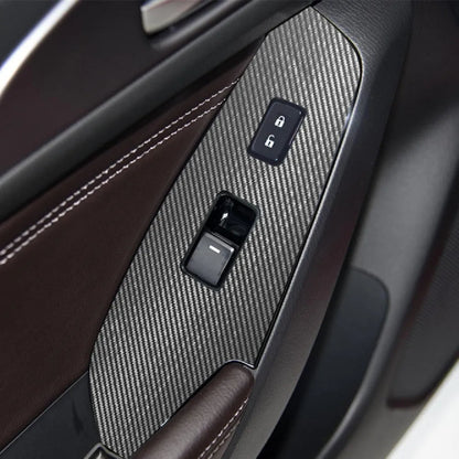 TPU protective film set for car door control panels in transparent, carbon fibre black, and matte black finishes