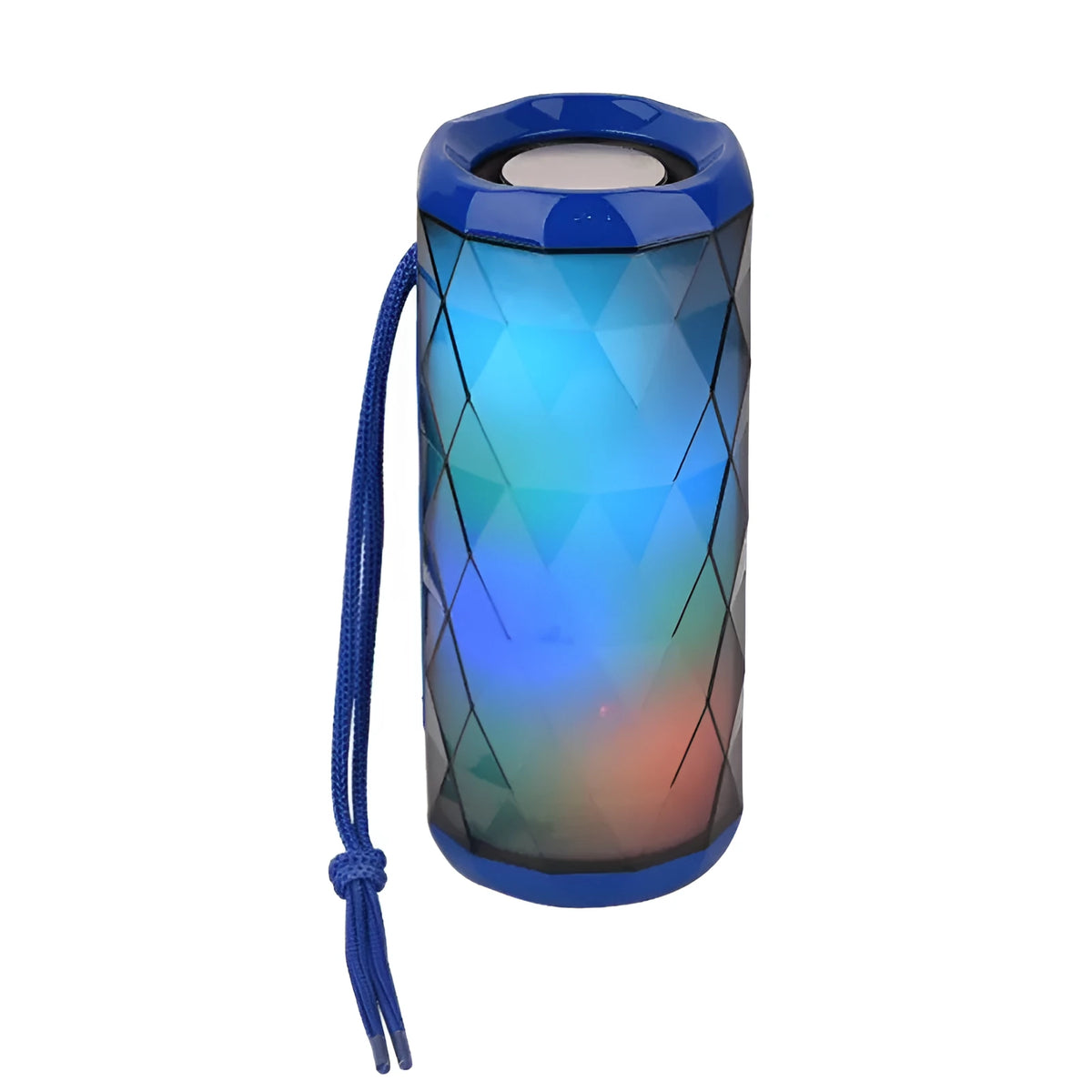 Portable Bluetooth speaker with dual 5W drivers, LED light, available in blue, green, grey and red.