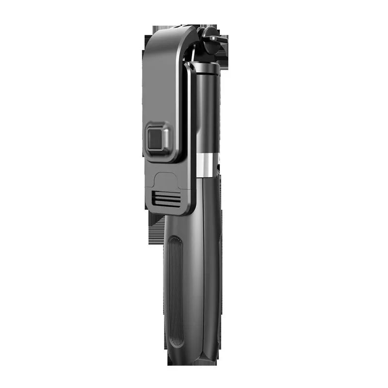 Black and white Bluetooth selfie stick with tripod legs extended and wireless remote control.