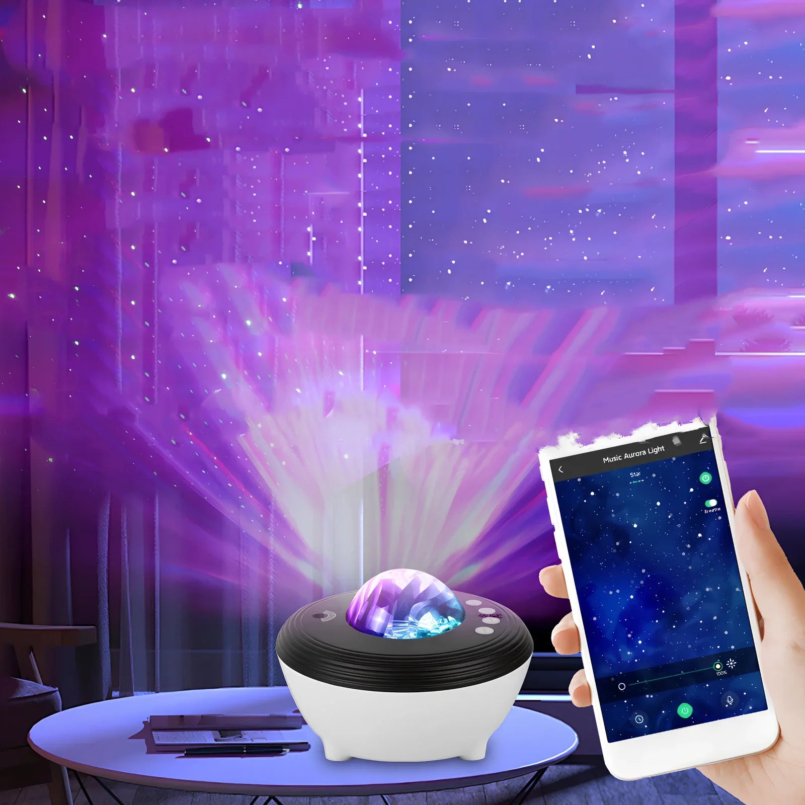 White Tuya smart northern lights projection light with 142mm diameter PVC lampshade and wireless remote control