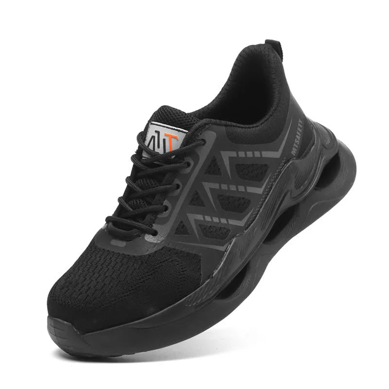 Black steel toe cap labour protection shoes with lace-up front and flat knitted uppers