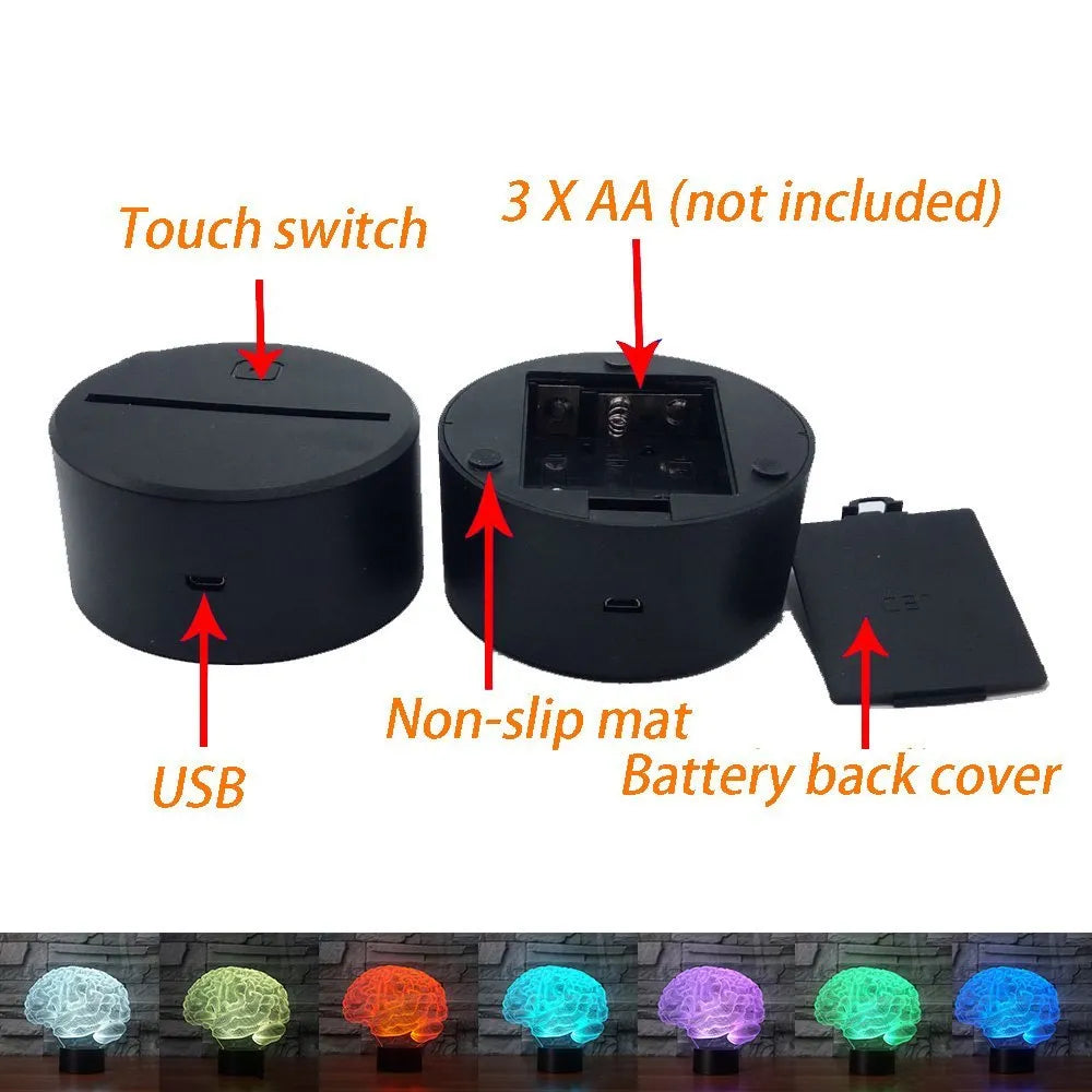 Brain-shaped 3D acrylic LED desk lamp on ABS base with remote control, showing colourful light projection.