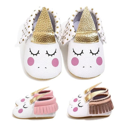 Adorable unicorn-themed toddler shoes in various colors and sizes, featuring a premium synthetic leather construction and flexible soles for comfort and support.