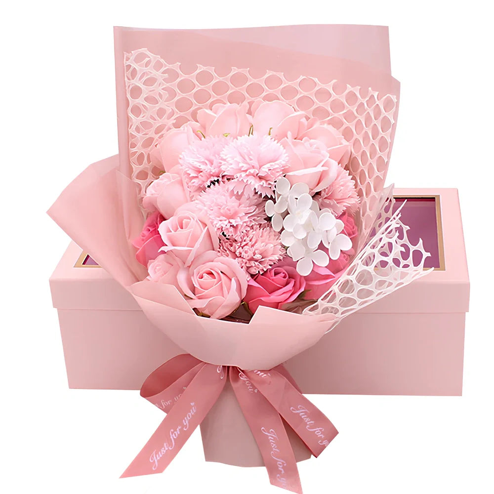 Handmade 19 rose soap bouquet in pink, red, blue, purple, or white, arranged in gift box for events