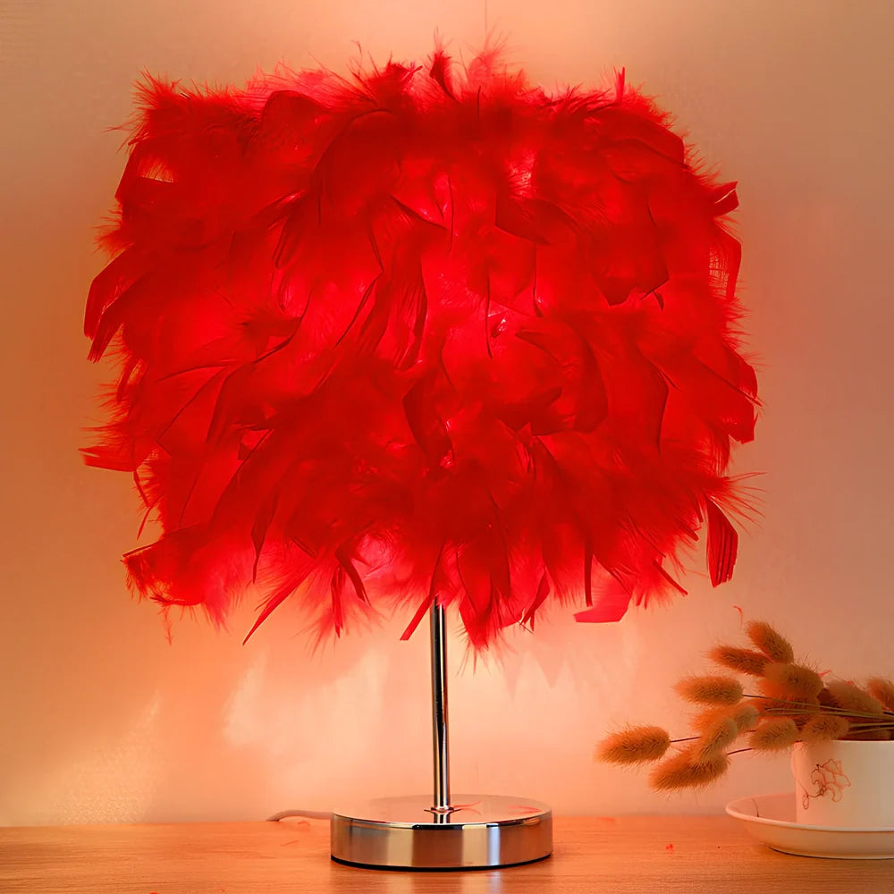 Feather night light with fur shade showing push-button switch and LED illumination in pink colour option