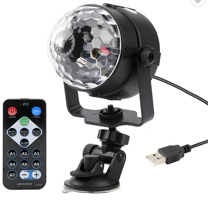 Crystal magic ball LED party lights with remote control showing RGB lighting effects