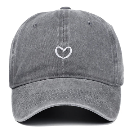 Adjustable cotton baseball cap with embroidered retro love design in various colours.