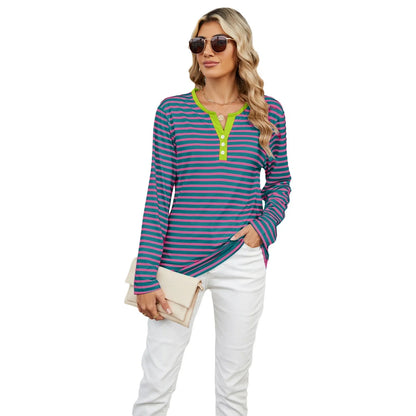 Stylish striped long-sleeve V-neck top for women in various color options