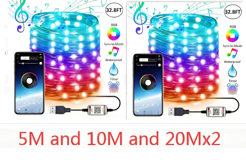 Programmable LED Christmas tree lights with app control showing custom colour animations on festive tree