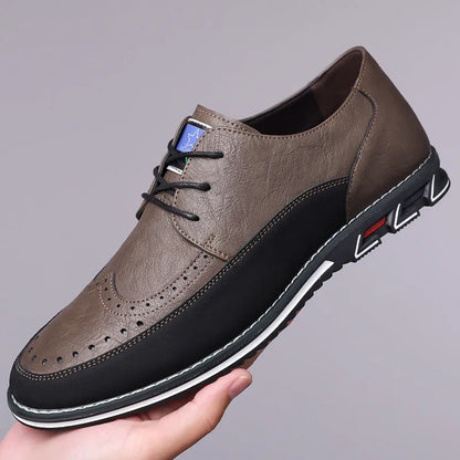Men's black leather casual shoes with a leather toe cap and rubber sole on a white background.