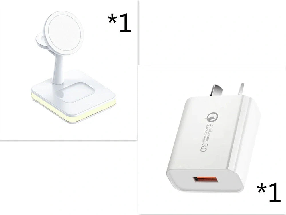 Black three-in-one wireless charger magnetic bracket on a desk charging multiple devices