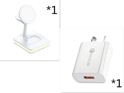 Black three-in-one wireless charger magnetic bracket on a desk charging multiple devices