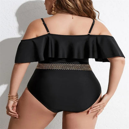 Black women's one-piece swimsuit on a mannequin, available in sizes 0XL to 4XL.