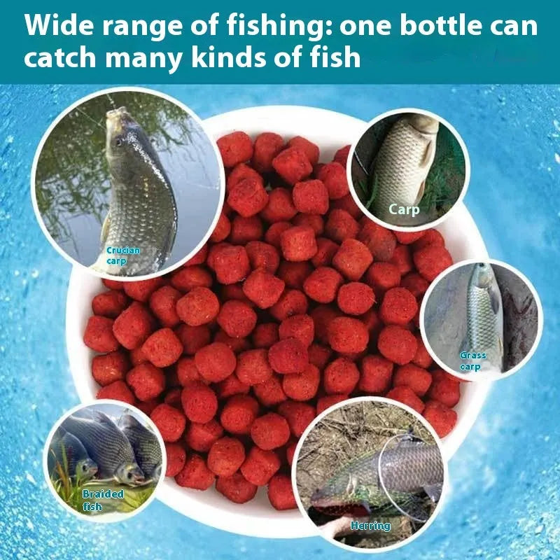Bottle of grass green lazy particle fishing bait with fresh red pellets for crucian carp