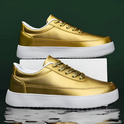 Women's lightweight leather flat casual shoes in gold colour with front lace-up design on a white background