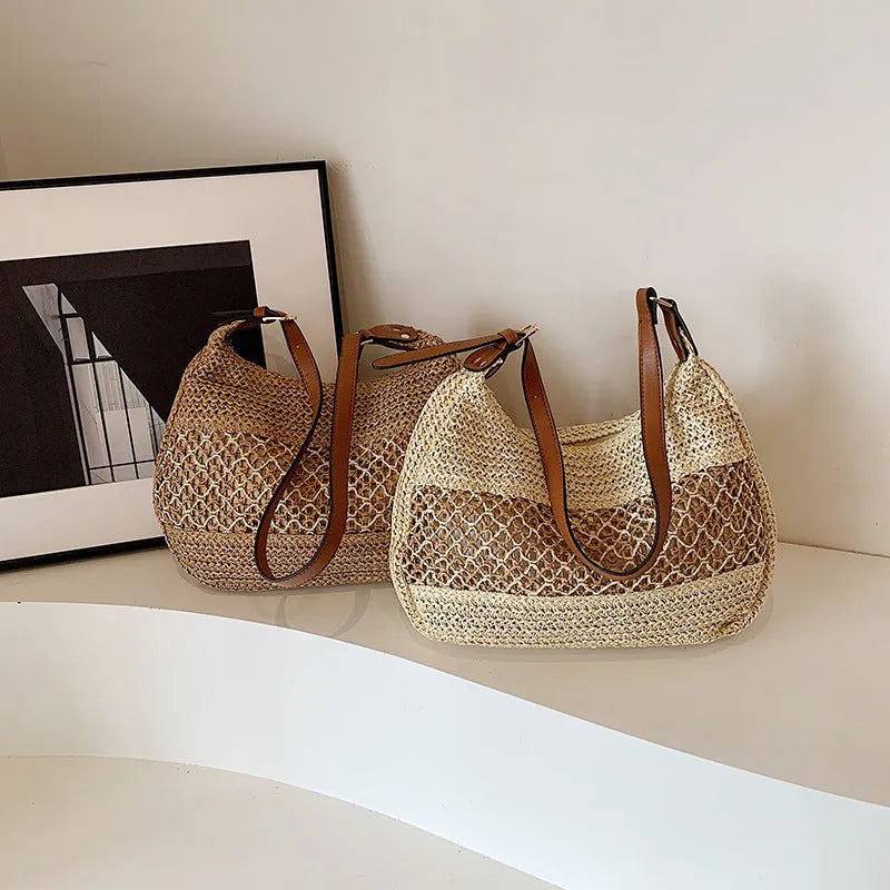 Women's casual straw cross body bag in khaki colour with sandwich pocket design