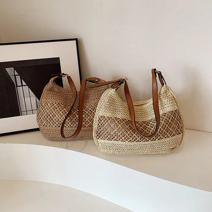 Women's casual straw cross body bag in khaki colour with sandwich pocket design