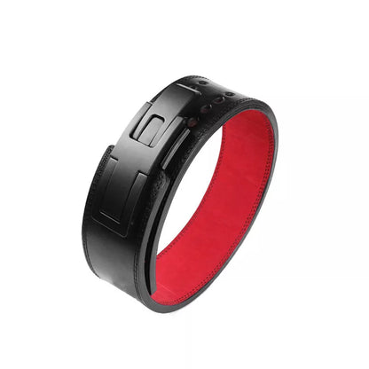 Professional fitness squat waist support belt in black cowhide with adjustable sizing