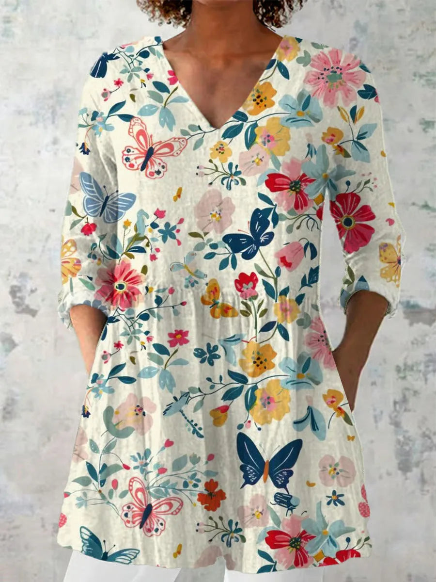 Women's retro slim fit long-sleeved top with digital printed pattern in various colours, showing front view