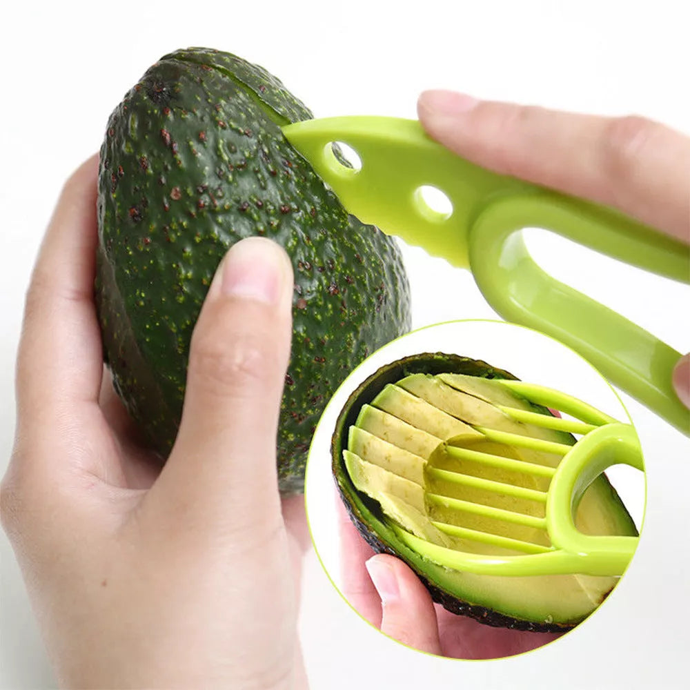 Multifunctional avocado knife in green and orange for slicing and peeling fruits