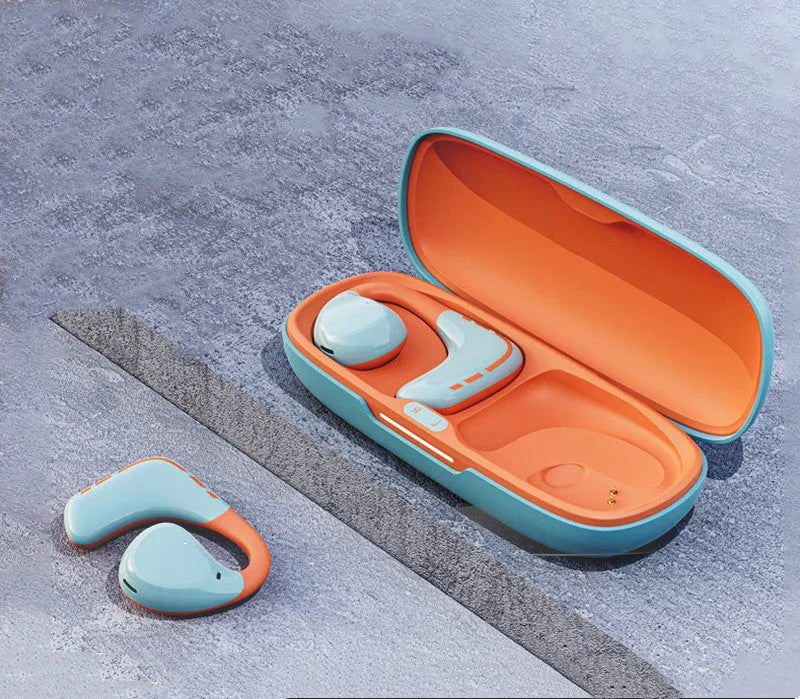 Blue and orange mixed colour wireless Bluetooth sports headset with ear-hook design