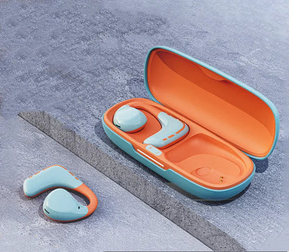 Blue and orange mixed colour wireless Bluetooth sports headset with ear-hook design