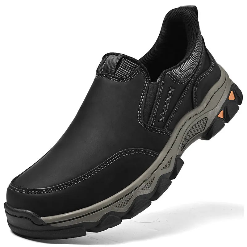 Men's casual leather-style shoes with rubber soles in dark brown, black, or grey colours