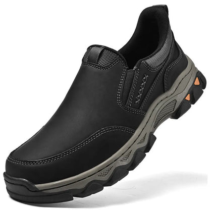 Men's casual leather-style shoes with rubber soles in dark brown, black, or grey colours