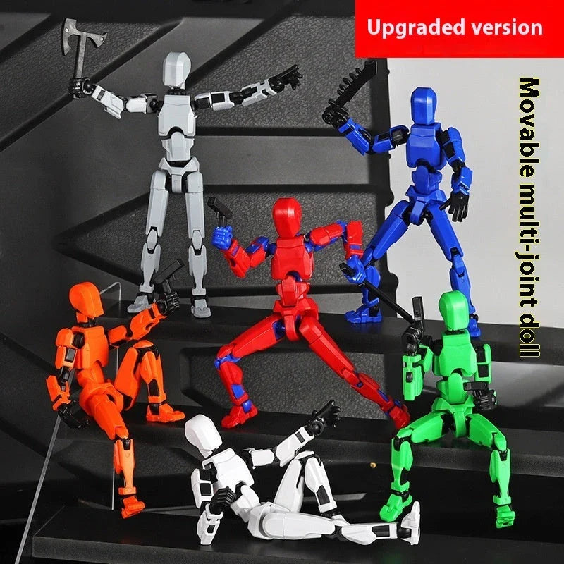 Highly posable 3D printed robot mannequin toy with interchangeable accessories, including wings and weapons