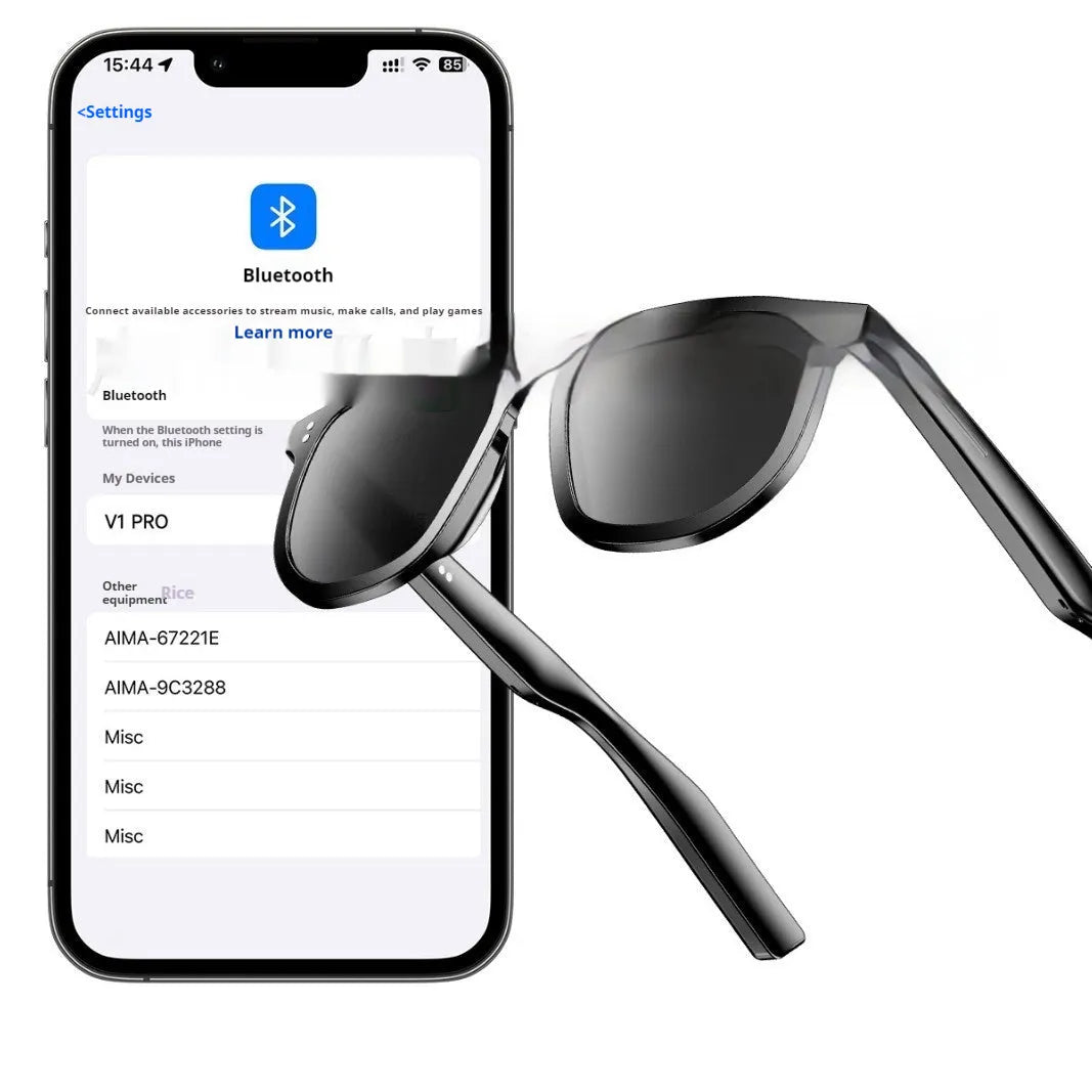 Black AI Smart Glasses with Bluetooth audio, showing touch controls on temple arm and UV400 lenses.