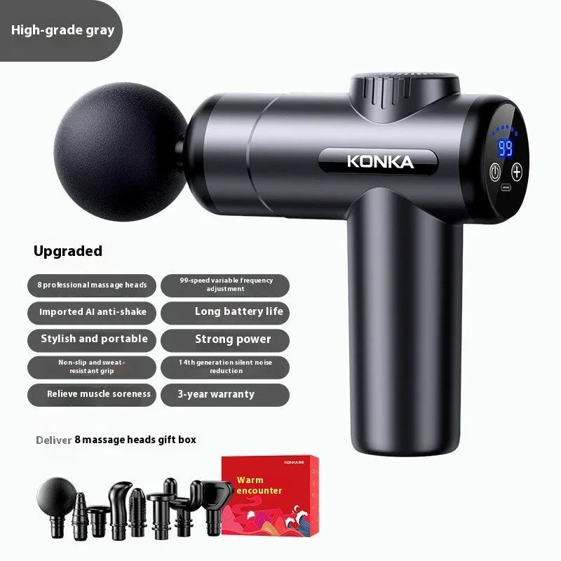 Konka V19 massage gun in grey colour with 8 silicone massage heads and charging wire