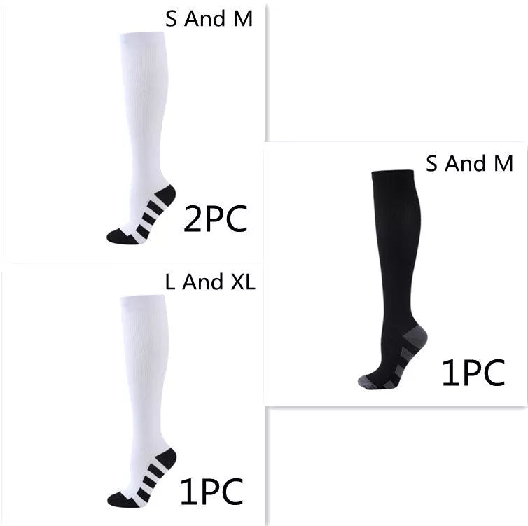 Athletic compression socks with three-bar design in black, pink, and white