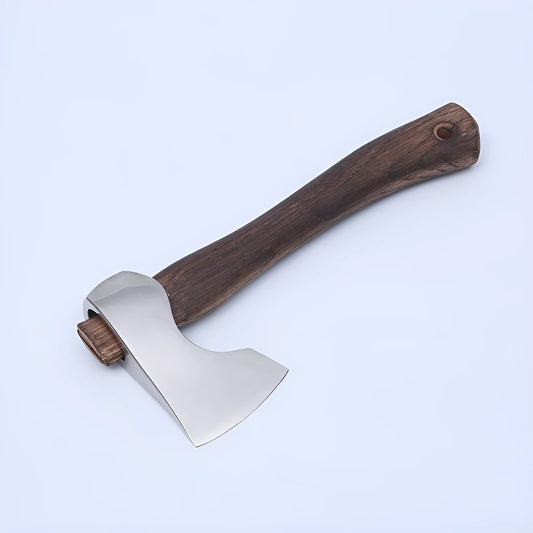 Camping axe with wooden handle and high carbon steel head on a log, showing its 250mm length.