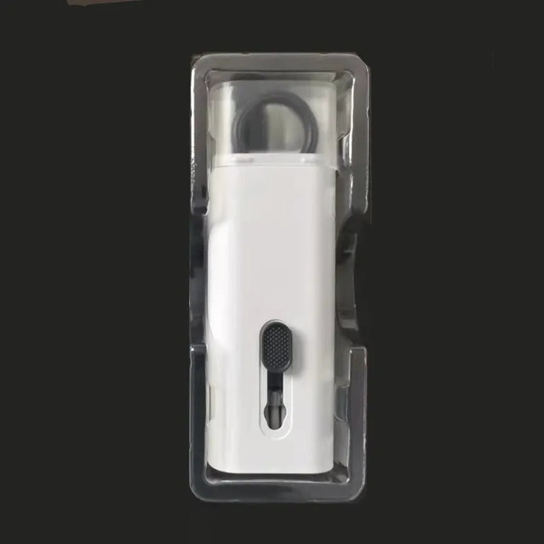 Multifunctional white cleaning pen kit open to show silicone tip, brush, keycap puller, and spray bottle for electronics.