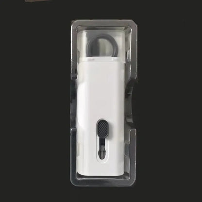 Multifunctional white cleaning pen kit open to show silicone tip, brush, keycap puller, and spray bottle for electronics.