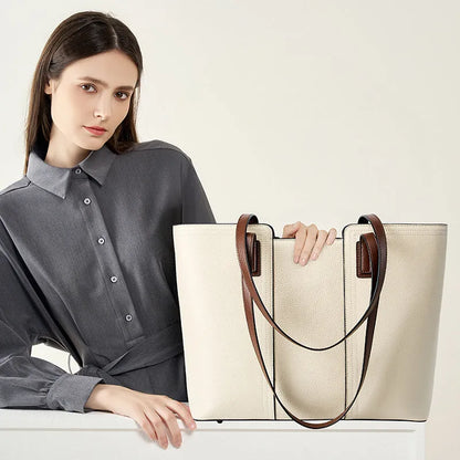 Women's genuine leather large capacity crossbody commuter bag in black, shown with internal organised compartments.