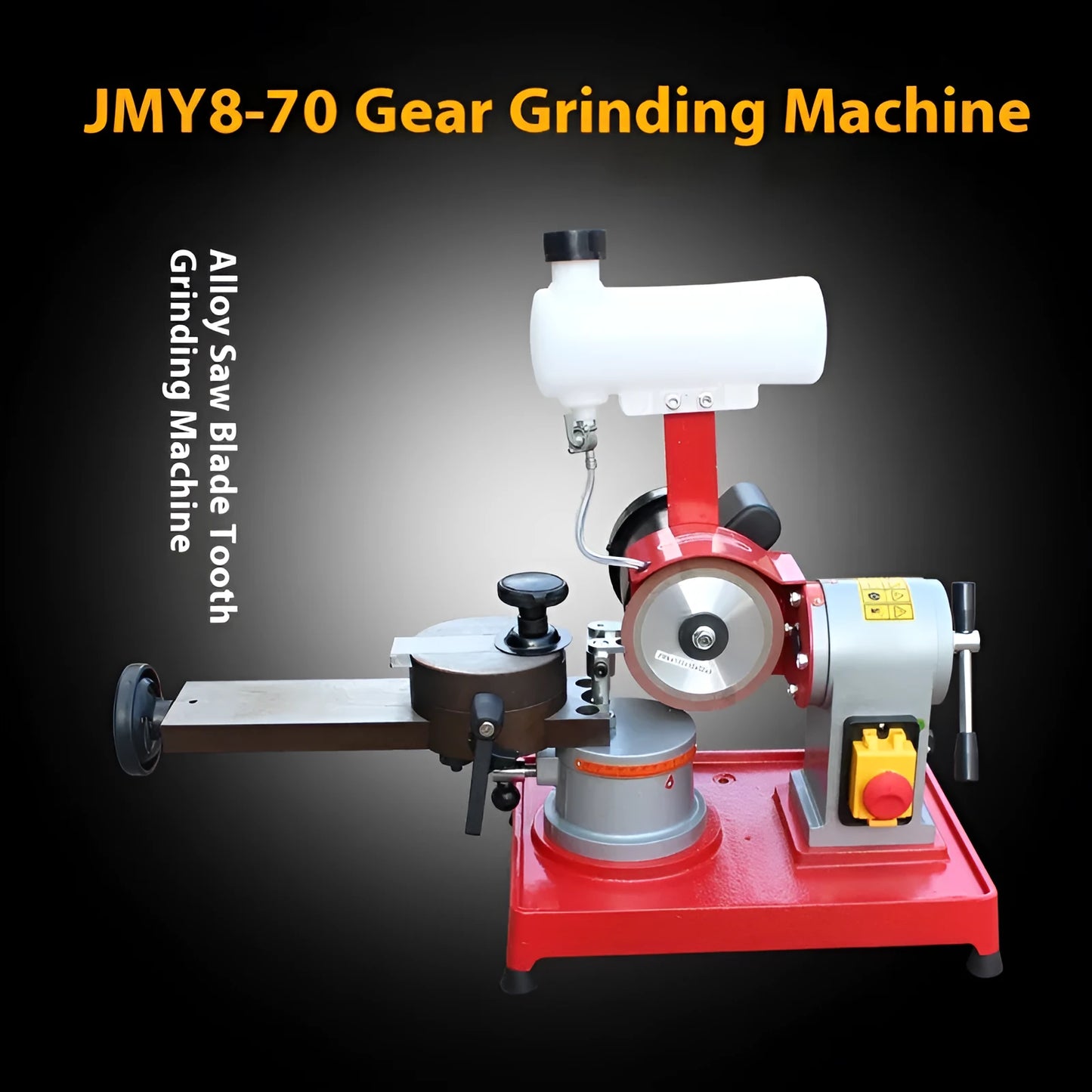 Small manual sharpening machine for alloy circular saw blades on a workshop bench.