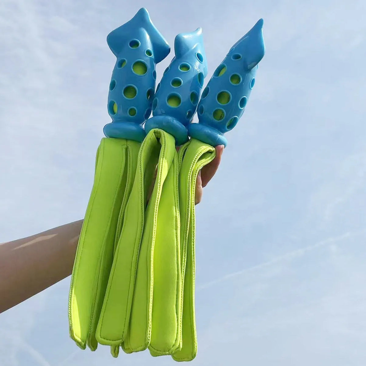Blue cuttlefish-shaped dog chew toy with squeaker measuring approximately 39 cm