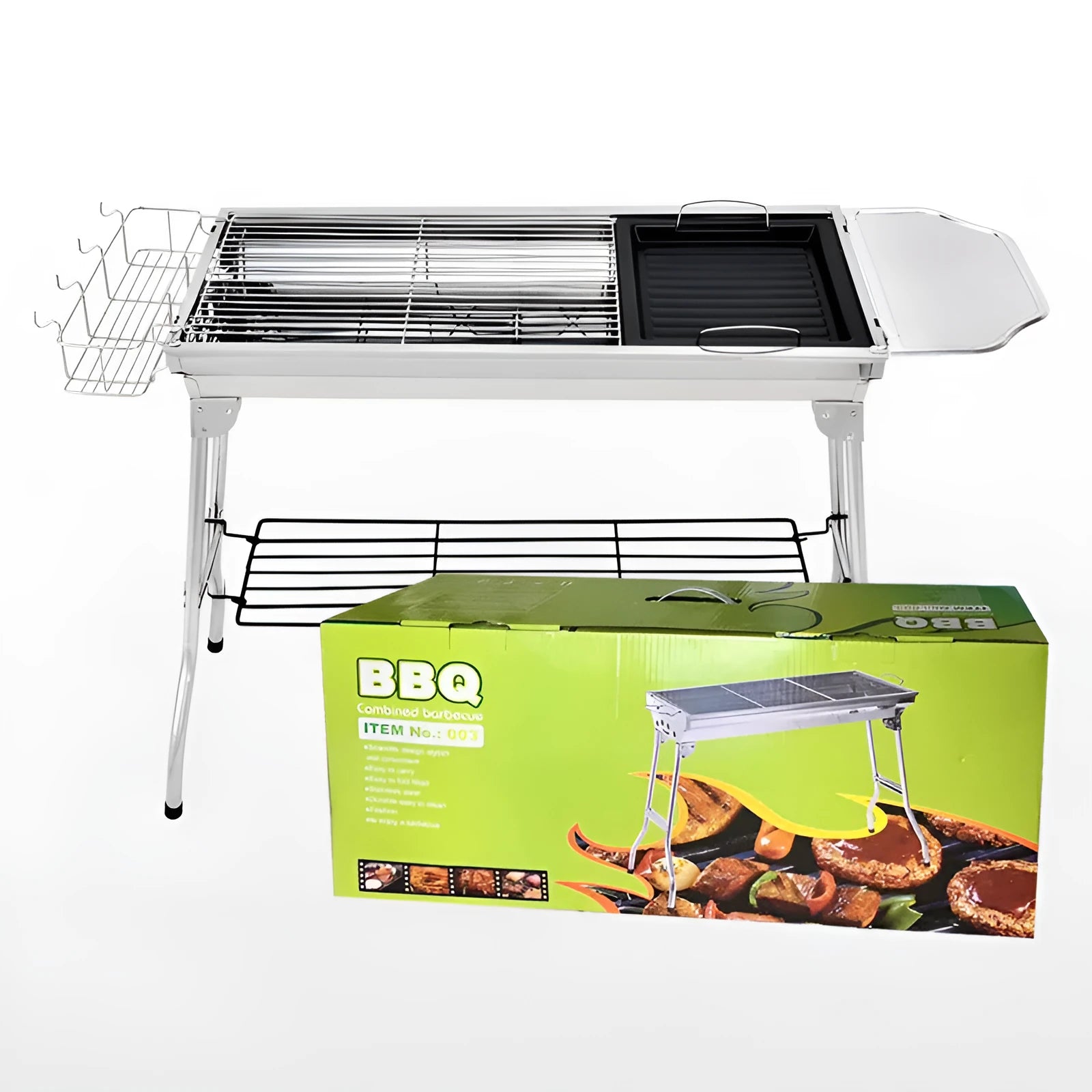 Stainless steel portable barbecue oven with flip mechanism showing checked iron grills and charcoal stove