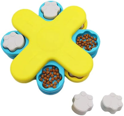 Yellow dog puzzle feeder with rotating lid and non-slip base for slow feeding and IQ training