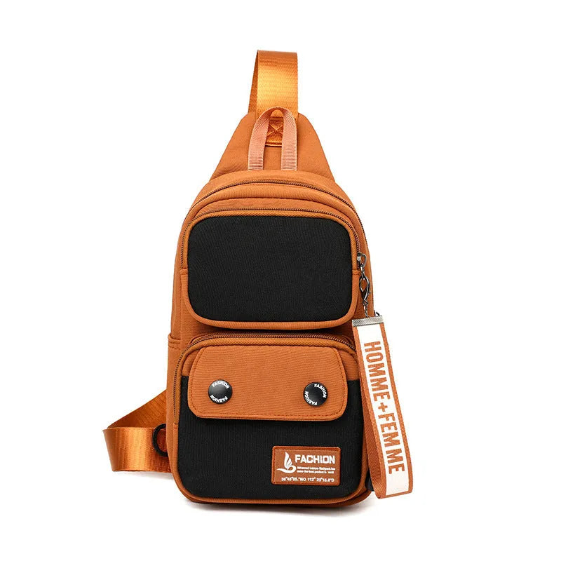 Nylon crossbody shoulder bag with letter pattern in beige contrast colour.