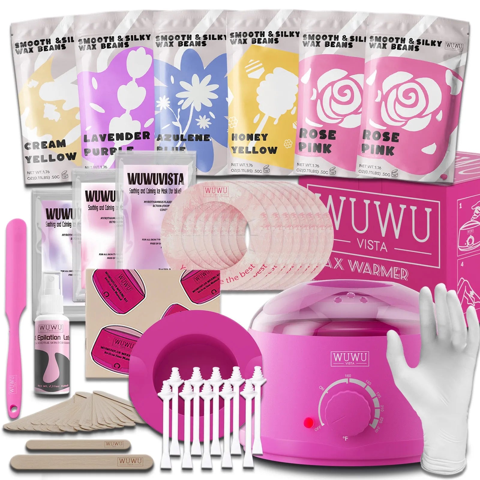 WUWUVISTA waxing kit with black wax warmer, six coloured wax bead packs, silicone tools, and aftercare products on a table