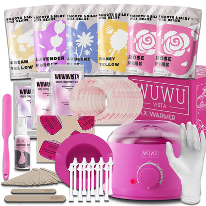 WUWUVISTA waxing kit with black wax warmer, six coloured wax bead packs, silicone tools, and aftercare products on a table